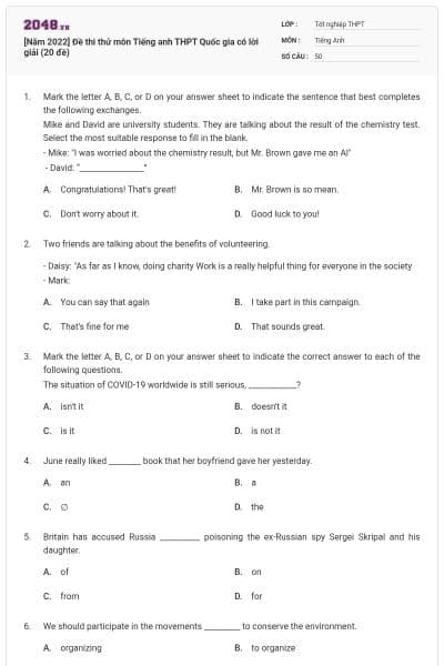 [Năm 2022] Đề thi thử môn Tiếng anh THPT Quốc gia có lời giải (20 đề)