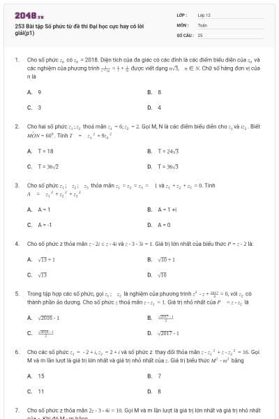 253 Bài tập Số phức từ đề thi Đại học cực hay có lời giải(p1)