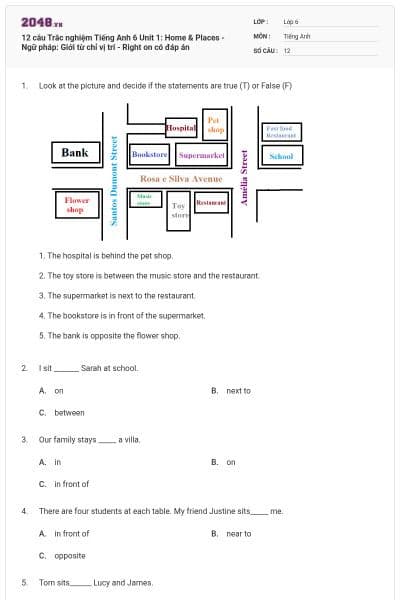 12 câu Trắc nghiệm Tiếng Anh 6 Unit 1: Home & Places - Ngữ pháp: Giới từ chỉ vị trí - Right on có đáp án