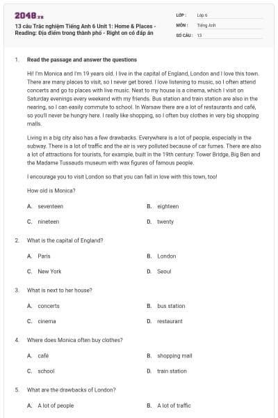 13 câu Trắc nghiệm Tiếng Anh 6 Unit 1: Home & Places - Reading: Địa điểm trong thành phố - Right on có đáp án