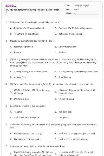 470 câu trắc nghiệm Điều dưỡng cơ bản có đáp án - Phần 1