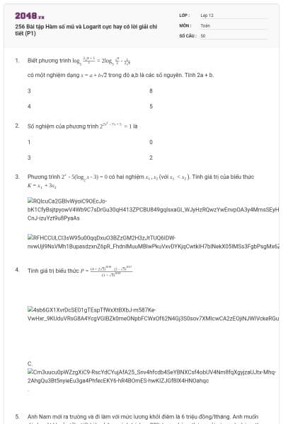256 Bài tập Hàm số mũ và Logarit cực hay có lời giải chi tiết (P1)