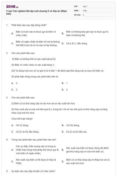 5 câu Trắc nghiệm Bài tập cuối chương 9 có đáp án (Nhận biết)