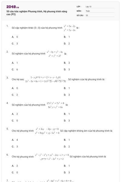 50 câu trắc nghiệm Phương trình, Hệ phương trình nâng cao (P2)