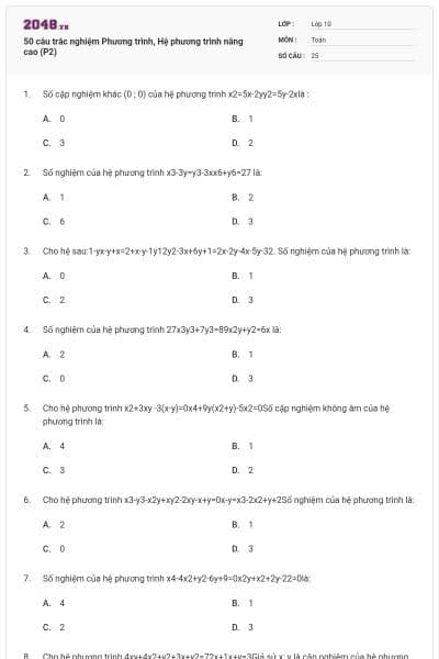 50 câu trắc nghiệm Phương trình, Hệ phương trình nâng cao (P2)