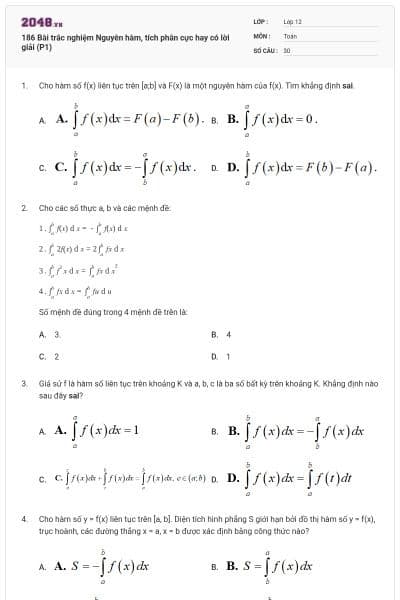 186 Bài trắc nghiệm Nguyên hàm, tích phân cực hay có lời giải (P1)