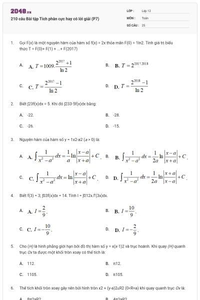 210 câu Bài tập Tích phân cực hay có lời giải (P7)