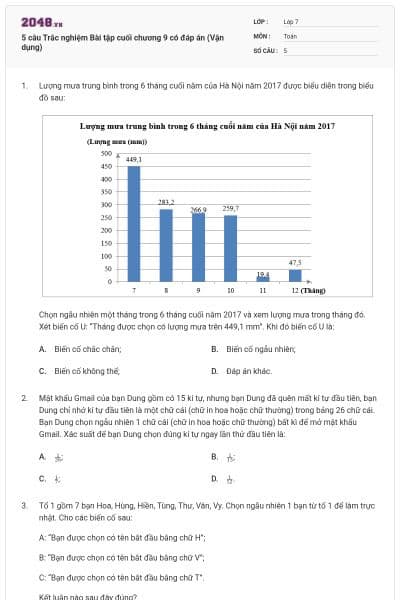5 câu Trắc nghiệm Bài tập cuối chương 9 có đáp án (Vận dụng)