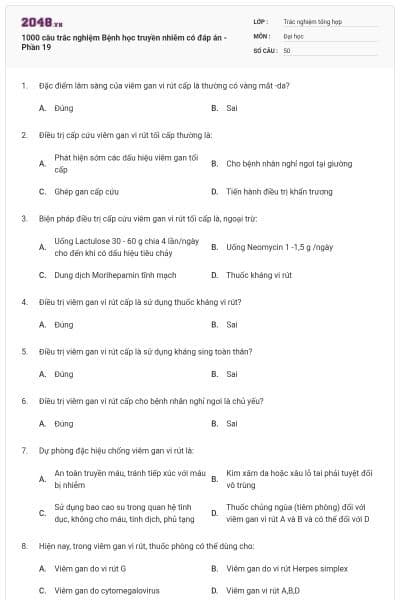 1000 câu trắc nghiệm Bệnh học truyền nhiễm có đáp án - Phần 19