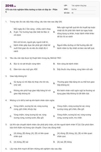 470 câu trắc nghiệm Điều dưỡng cơ bản có đáp án - Phần 5