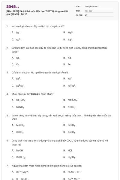 [Năm 2022] Đề thi thử môn Hóa học THPT Quốc gia có lời giải (20 đề) - Đề 10