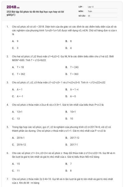 253 Bài tập Số phức từ đề thi Đại học cực hay có lời giải(p1)