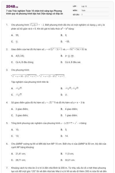 7 câu Trắc nghiệm Toán 10 chân trời sáng tạo Phương trình quy về phương trình bậc hai (Vận dụng) có đáp án