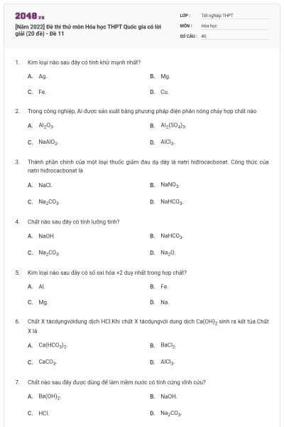 [Năm 2022] Đề thi thử môn Hóa học THPT Quốc gia có lời giải (20 đề) - Đề 11