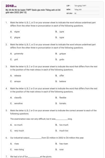 Bộ 20 đề thi ôn luyện THPT Quốc gia môn Tiếng anh có lời giải năm 2022 (Đề 13)
