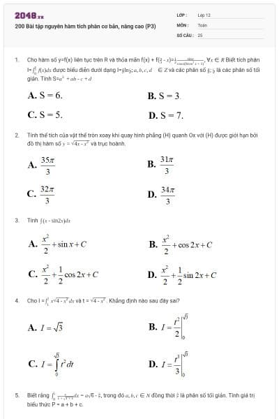 200 Bài tập nguyên hàm tích phân cơ bản, nâng cao (P3)