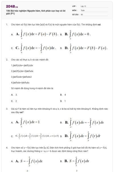 186 Bài trắc nghiệm Nguyên hàm, tích phân cực hay có lời giải (P1)