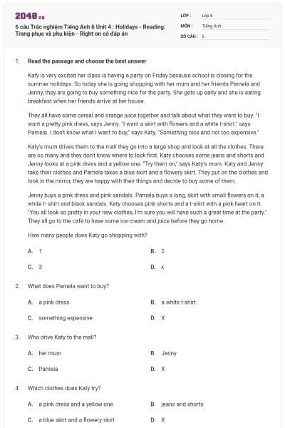 6 câu Trắc nghiệm Tiếng Anh 6 Unit 4 : Holidays - Reading: Trang phục và phụ kiện - Right on có đáp án