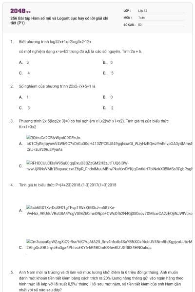 256 Bài tập Hàm số mũ và Logarit cực hay có lời giải chi tiết (P1)
