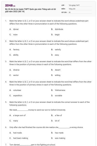 Bộ 20 đề thi ôn luyện THPT Quốc gia môn Tiếng anh có lời giải năm 2022 (Đề 14)