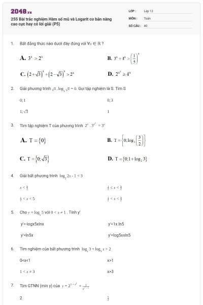 255 Bài trắc nghiệm Hàm số mũ và Logarit cơ bản nâng cao cực hay có lời giải (P5)