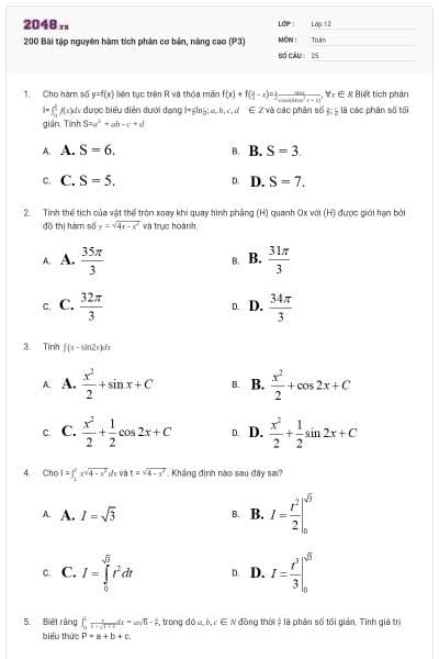 200 Bài tập nguyên hàm tích phân cơ bản, nâng cao (P3)