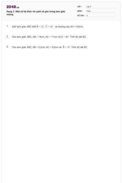 Dạng 3. Một số hệ thức về cạnh và góc trong tam giác vuông