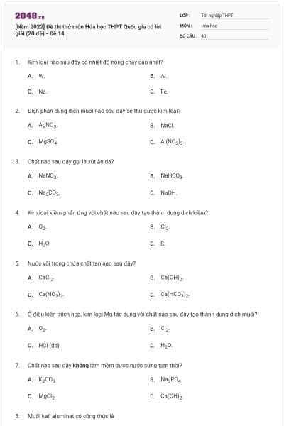 [Năm 2022] Đề thi thử môn Hóa học THPT Quốc gia có lời giải (20 đề) - Đề 14