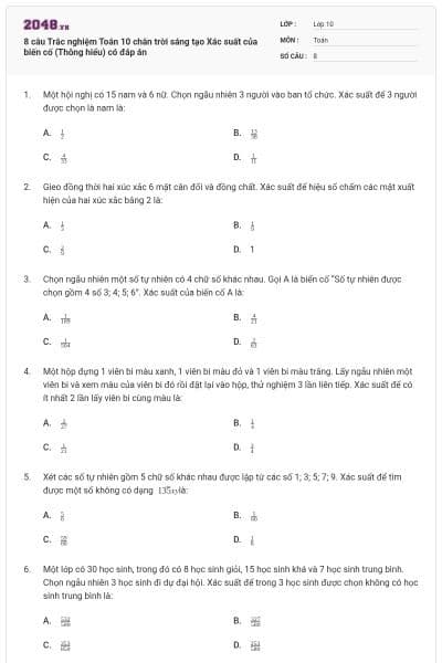 8 câu Trắc nghiệm Toán 10 chân trời sáng tạo Xác suất của biến cố (Thông hiểu) có đáp án