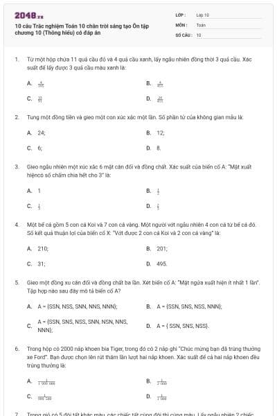 10 câu Trắc nghiệm Toán 10 chân trời sáng tạo Ôn tập chương 10 (Thông hiểu) có đáp án