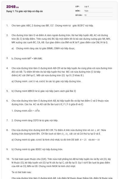 Dạng 1: Tứ giác nội tiếp có đáp án