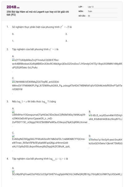 256 Bài tập Hàm số mũ và Logarit cực hay có lời giải chi tiết (P2)