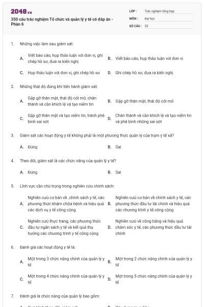 350 câu trắc nghiệm Tổ chức và quản lý y tế có đáp án - Phần 6