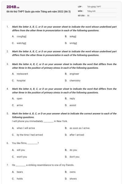 Đề thi thử THPT Quốc gia môn Tiếng anh năm 2022 (Đề 3)