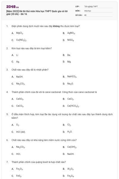 [Năm 2022] Đề thi thử môn Hóa học THPT Quốc gia có lời giải (20 đề) - Đề 16