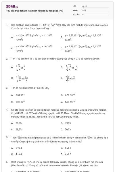 100 câu trắc nghiệm Hạt nhân nguyên tử nâng cao (P1)