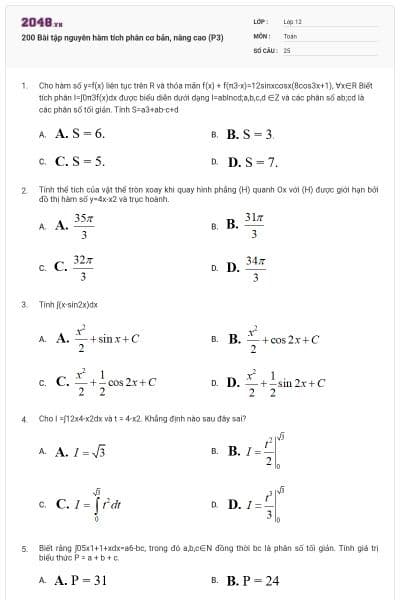 200 Bài tập nguyên hàm tích phân cơ bản, nâng cao (P3)