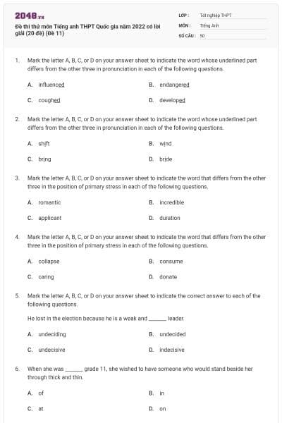 Đề thi thử môn Tiếng anh THPT Quốc gia năm 2022 có lời giải (20 đề) (Đề 11)