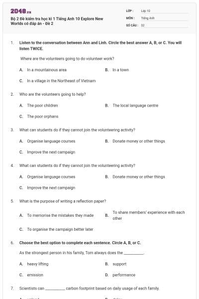 Bộ 2 Đề kiểm tra học kì 1 Tiếng Anh 10 Explore New Worlds có đáp án - Đề 2