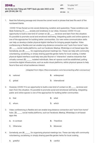 Đề thi thử môn Tiếng anh THPT Quốc gia năm 2022 có lời giải (20 đề) (Đề 13)