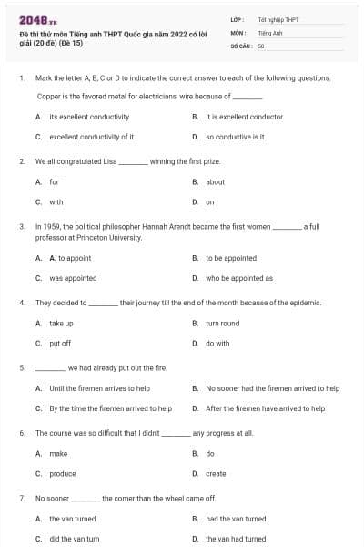 Đề thi thử môn Tiếng anh THPT Quốc gia năm 2022 có lời giải (20 đề) (Đề 15)