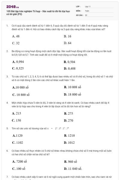 105 Bài tập trắc nghiệm Tổ hợp - Xác suất từ đề thi đại học có lời giải (P3)