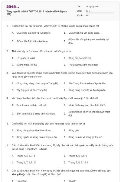 Tổng hợp đề thi thử THPTQG 2019 môn Địa lí có đáp án (P2)