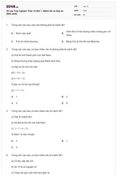 30 câu Trắc nghiệm Toán 10 Bài 1. Mệnh đề có đáp án (Mới nhất)