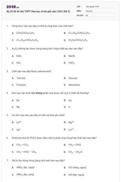 Bộ 25 đề thi thử THPT Hóa học có lời giải năm 2022 (Đề 3)