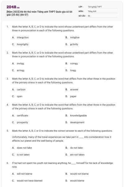 [Năm 2022] Đề thi thử môn Tiếng anh THPT Quốc gia có lời giải (25 đề) (Đề 07)