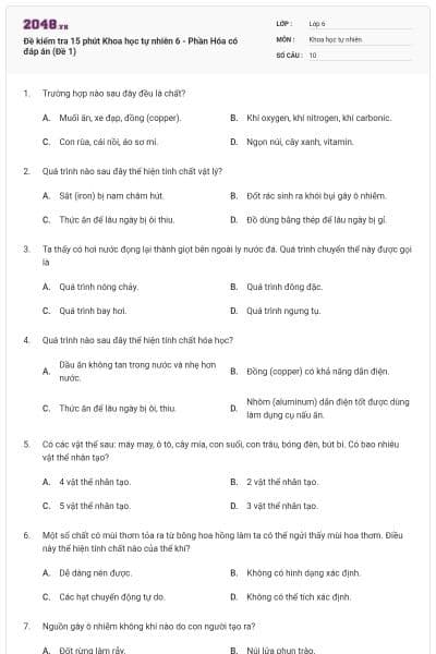 Đề kiểm tra 15 phút Khoa học tự nhiên 6 - Phần Hóa có đáp án (Đề 1)