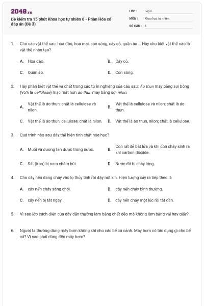 Đề kiểm tra 15 phút Khoa học tự nhiên 6 - Phần Hóa có đáp án (Đề 3)