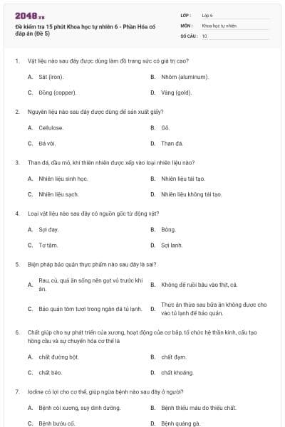 Đề kiểm tra 15 phút Khoa học tự nhiên 6 - Phần Hóa có đáp án (Đề 5)
