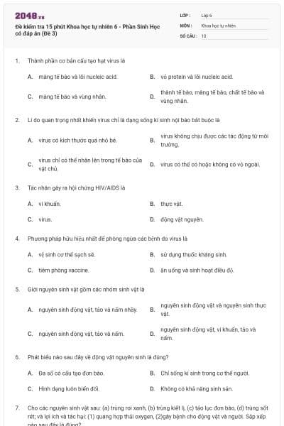 Đề kiểm tra 15 phút Khoa học tự nhiên 6 - Phần Sinh Học có đáp án (Đề 3)